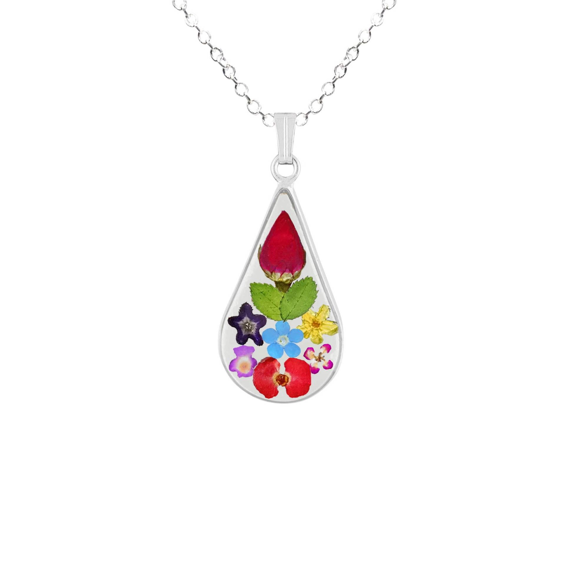 Rose Und Multi Blumen Halskette, Mittelgroß Teardrop, Transparent Rose Und Multi Blumen Halskette, Mittelgroß Teardrop, Transparent von flowersjewelrystudio