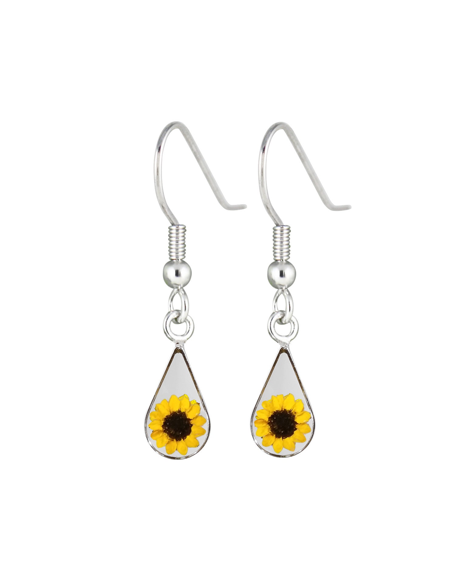 Sonnenblumen-Ohrringe, Kleine Tropfenform, Transparent Sonnenblumen-Ohrringe, Kleine Tropfenform, Transparent von flowersjewelrystudio