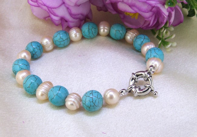 Geknüpftes Türkis & Süßwasserperlen Armband - 21 cm Charm Schmuck von flowspring