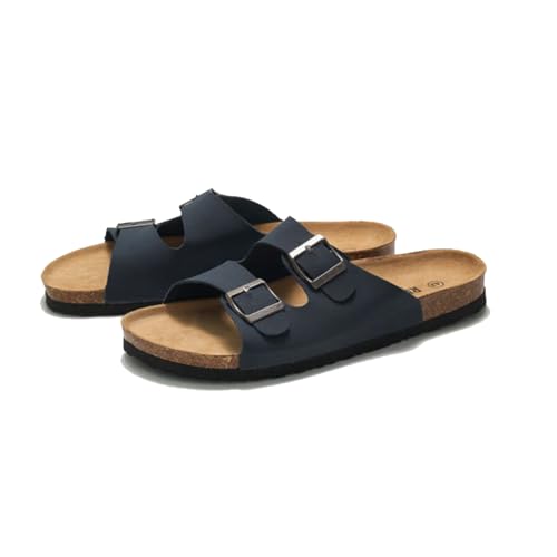 flydimund Herren Pantoletten Leder, Unisex-Slipper Sommer Drinnen, Draußen Kork Erwachsene Sandalen Hausschuhe, Mit Verstellbarer Rieme (Blau, Erwachsene, 43, Numerisch, EU Schuhgrößensystem, M) von flydimund
