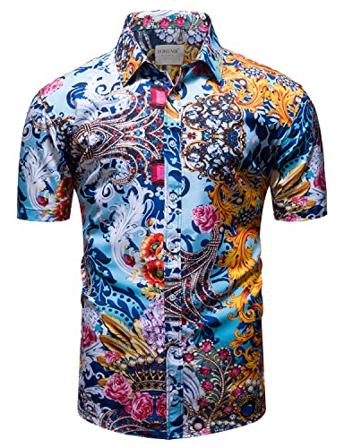 fohemr Herren Barock Hemd luxuriös Blumen Muster Shirt Kurzarm Button Down Paisley Hemd Freizeithemd Blau 3X-Large von fohemr