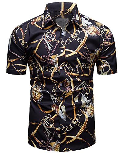 fohemr Herren Barock Hemd luxuriös Golden Kette Muster Shirt Kurzarm Button Down Paisley Hemd Freizeithemd Schwarz 3X-Large von fohemr