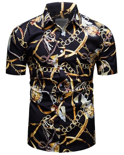 fohemr Herren Barock Hemd luxuriös Golden Kette Muster Shirt Kurzarm Button Down Paisley Hemd Freizeithemd Schwarz 4X-Large von fohemr