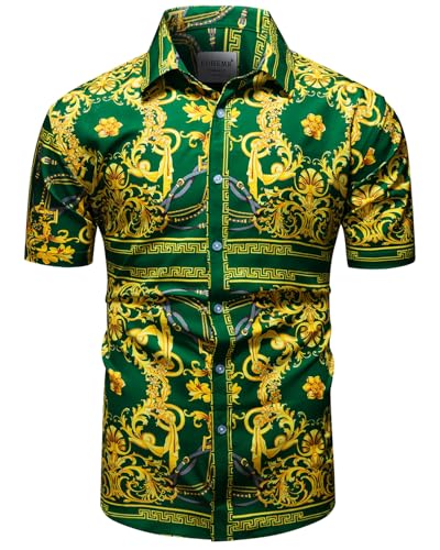 fohemr Herren Barock Hemd luxuriös Kette Muster Shirt Kurzarm Button Down Paisley Hemd Freizeithemd Grün 4X-Large von fohemr