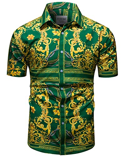 fohemr Herren Barock Hemd luxuriös Kette Muster Shirt Kurzarm Button Down Paisley Hemd Freizeithemd Grün XX-Large von fohemr