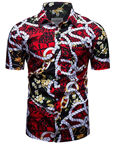 fohemr Herren Barock Hemd luxuriös Kette Muster Shirt Kurzarm Button Down Paisley Hemd Freizeithemd Rot Large von fohemr