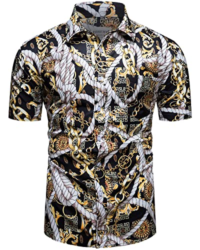 fohemr Herren Barock Hemd luxuriös Kette Muster Shirt Kurzarm Button Down Paisley Hemd Freizeithemd Schwarz 3X-Large von fohemr