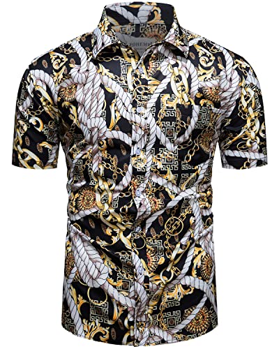 fohemr Herren Barock Hemd luxuriös Kette Muster Shirt Kurzarm Button Down Paisley Hemd Freizeithemd Schwarz 4X-Large von fohemr