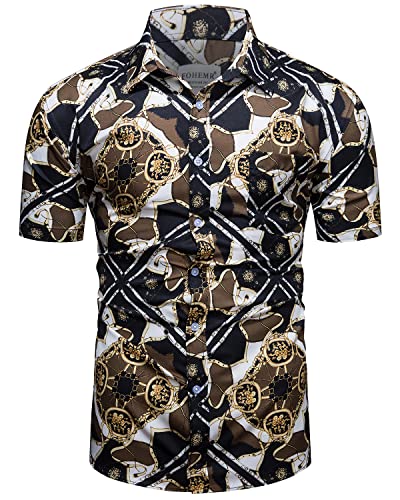 fohemr Herren Barock Hemd luxuriös Kette Muster Shirt Kurzarm Button Down Paisley Hemd Freizeithemd Schwarz Large von fohemr