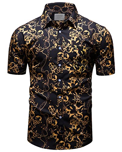 fohemr Herren Barock Hemd luxuriös Kette Muster Shirt Kurzarm Button Down Paisley Hemd Freizeithemd Schwarz Medium von fohemr