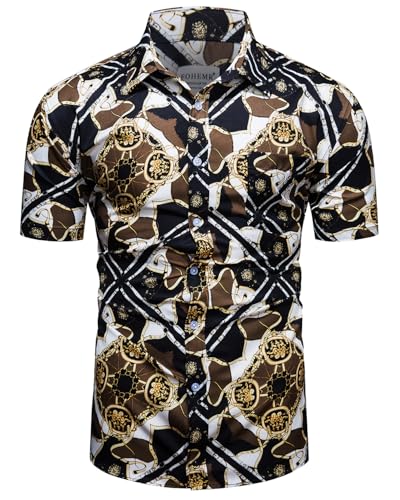 fohemr Herren Barock Hemd luxuriös Kette Muster Shirt Kurzarm Button Down Paisley Hemd Freizeithemd Schwarz Medium fohemr Herren Barock Hemd luxuriös Kette Muster Shirt Kurzarm Button Down Paisley Hemd Freizeithemd Schwarz Medium von fohemr