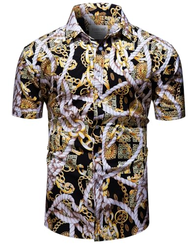 fohemr Herren Barock Hemd luxuriös Kette Muster Shirt Kurzarm Button Down Paisley Hemd Freizeithemd Schwarz X-Large von fohemr