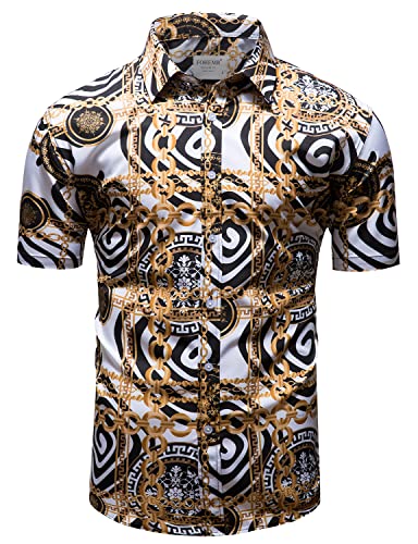 fohemr Herren Barock Hemd luxuriös Kette Muster Shirt Kurzarm Button Down Paisley Hemd Freizeithemd Weiß 3X-Large von fohemr