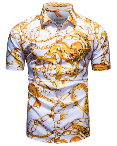 fohemr Herren Barock Hemd luxuriös Kette Muster Shirt Kurzarm Button Down Paisley Hemd Freizeithemd Weiß 3X-Large von fohemr