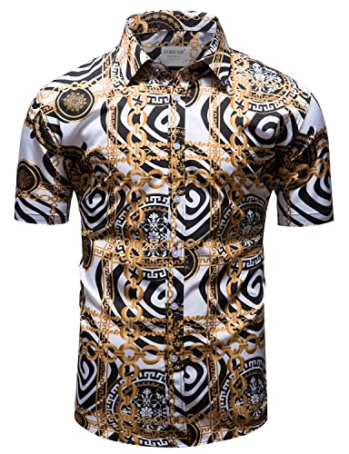fohemr Herren Barock Hemd luxuriös Kette Muster Shirt Kurzarm Button Down Paisley Hemd Freizeithemd Weiß Large von fohemr