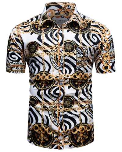 fohemr Herren Barock Hemd luxuriös Kette Muster Shirt Kurzarm Button Down Paisley Hemd Freizeithemd Weiß Medium fohemr Herren Barock Hemd luxuriös Kette Muster Shirt Kurzarm Button Down Paisley Hemd Freizeithemd Weiß Medium von fohemr
