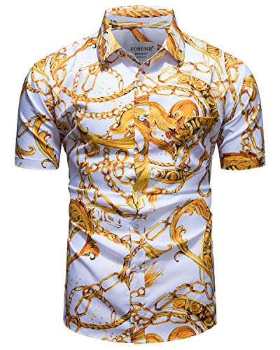 fohemr Herren Barock Hemd luxuriös Kette Muster Shirt Kurzarm Button Down Paisley Hemd Freizeithemd Weiß Small von fohemr