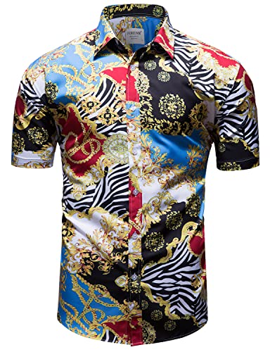 fohemr Herren Barock Hemd luxuriös Patchwork Shirt Kurzarm Button Down Paisley Hemd Freizeithemd Blau Medium von fohemr