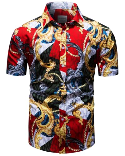 fohemr Herren Barock Hemd luxuriös Patchwork Shirt Kurzarm Button Down Paisley Hemd Freizeithemd Golden Large von fohemr