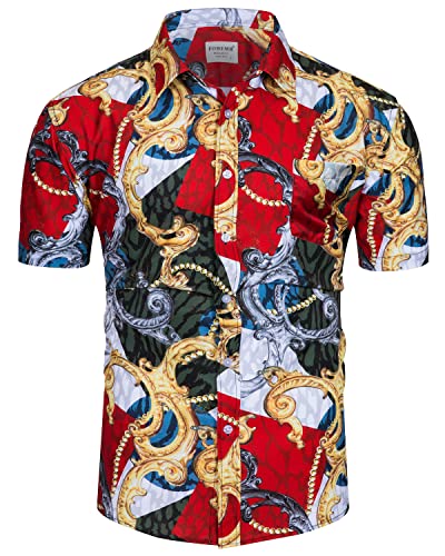fohemr Herren Barock Hemd luxuriös Patchwork Shirt Kurzarm Button Down Paisley Hemd Freizeithemd Golden Medium von fohemr
