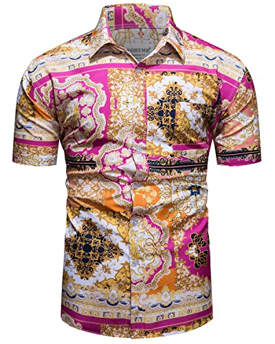 fohemr Herren Barock Hemd luxuriös Patchwork Shirt Kurzarm Button Down Paisley Hemd Freizeithemd Rot 3X-Large von fohemr