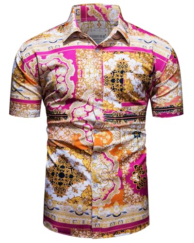 fohemr Herren Barock Hemd luxuriös Patchwork Shirt Kurzarm Button Down Paisley Hemd Freizeithemd Rot 3X-Large von fohemr