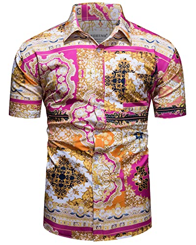 fohemr Herren Barock Hemd luxuriös Patchwork Shirt Kurzarm Button Down Paisley Hemd Freizeithemd Rot Large von fohemr