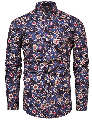 fohemr Herren Blumenhemd Floral Shirt Button-Down Langarm Hemd Freizeithemd Casual Shirt Grau Large von fohemr