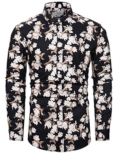 fohemr Herren Blumenhemd Floral Shirt Button-Down Langarm Hemd Freizeithemd Casual Shirt Schwarz XX-Large von fohemr