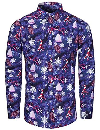 fohemr Herren Christmas Shirt Weihnachtshemd Button-Down Langarm Freizeithemd Slim Fit Hemd Glocke Schneeflocke Muster Lila 3X-Large von fohemr