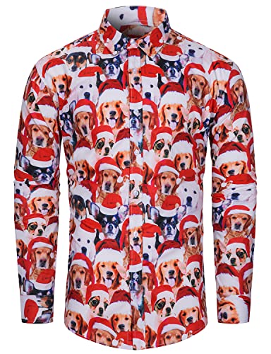 fohemr Herren Christmas Shirt Weihnachtshemd Button-Down Langarm Freizeithemd Slim Fit Hemd Hund mit Weihnachtsmütze Muster Rot Large von fohemr