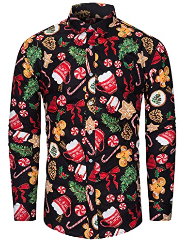 fohemr Herren Christmas Shirt Weihnachtshemd Button-Down Langarm Freizeithemd Slim Fit Hemd Lebkuchen Süßigkeiten Muster Schwarz 3X-Large von fohemr