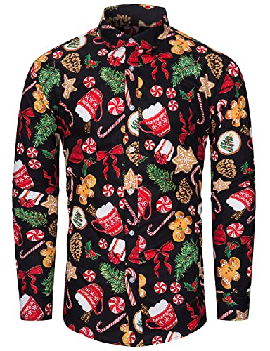 fohemr Herren Christmas Shirt Weihnachtshemd Button-Down Langarm Freizeithemd Slim Fit Hemd Lebkuchen Süßigkeiten Muster Schwarz Large von fohemr