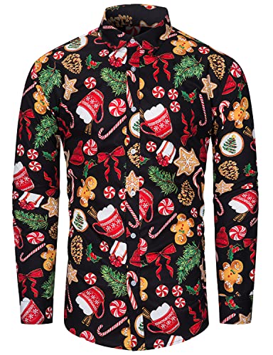 fohemr Herren Christmas Shirt Weihnachtshemd Button-Down Langarm Freizeithemd Slim Fit Hemd Lebkuchen Süßigkeiten Muster Schwarz Large fohemr Herren Christmas Shirt Weihnachtshemd Button-Down Langarm Freizeithemd Slim Fit Hemd Lebkuchen Süßigkeiten Muster Schwarz Large von fohemr