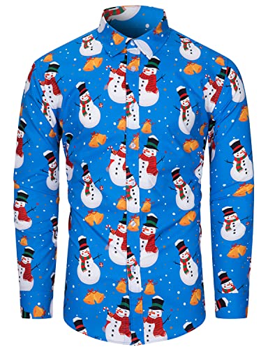 fohemr Herren Christmas Shirt Weihnachtshemd Button-Down Langarm Freizeithemd Slim Fit Hemd Schneemann Muster Blau 3X-Large von fohemr