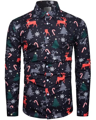 fohemr Herren Christmas Shirt Weihnachtshemd Button-Down Langarm Freizeithemd Slim Fit Hemd Weihnachtsbaum Schneeflocken Muster Schwarz Small von fohemr