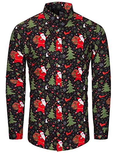 fohemr Herren Christmas Shirt Weihnachtshemd Button-Down Langarm Freizeithemd Slim Fit Hemd Weihnachtsbaum Weihnachtsmann Muster Schwarz Large von fohemr