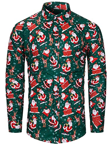 fohemr Herren Christmas Shirt Weihnachtshemd Button-Down Langarm Freizeithemd Slim Fit Hemd Weihnachtsmann Muster Grün Large von fohemr