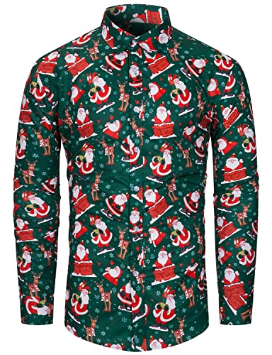fohemr Herren Christmas Shirt Weihnachtshemd Button-Down Langarm Freizeithemd Slim Fit Hemd Weihnachtsmann Muster Grün X-Large von fohemr