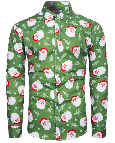 fohemr Herren Christmas Shirt Weihnachtshemd Button-Down Langarm Freizeithemd Slim Fit Hemd Weihnachtsmann Muster Grün XX-Large von fohemr