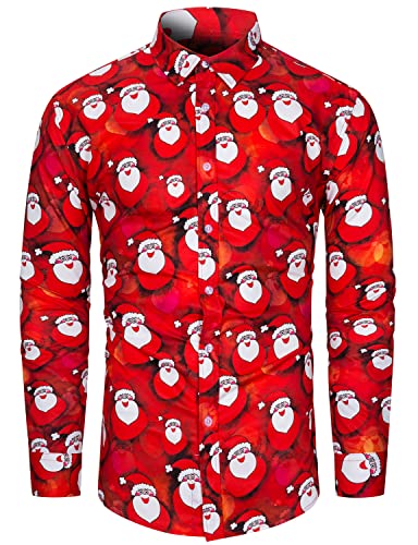 fohemr Herren Christmas Shirt Weihnachtshemd Button-Down Langarm Freizeithemd Slim Fit Hemd Weihnachtsmann Muster Rot Large von fohemr