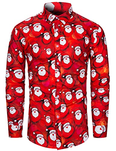 fohemr Herren Christmas Shirt Weihnachtshemd Button-Down Langarm Freizeithemd Slim Fit Hemd Weihnachtsmann Muster Rot Small von fohemr