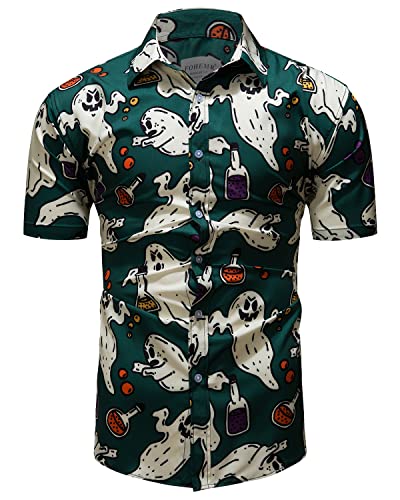 fohemr Herren Halloween Hemd Kurzarm Slim Fit Freizeithemd Geist Muster Lustig Funky Hemden Hawaii Shirt Grün 3X-Large von fohemr
