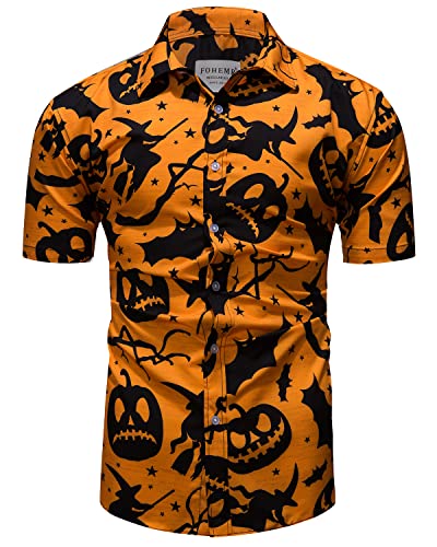 fohemr Herren Halloween Hemd Kurzarm Slim Fit Freizeithemd Kürbis Fledermaus Hexe Muster Lustig Funky Hemden Hawaii Shirt Orange 3X-Large von fohemr