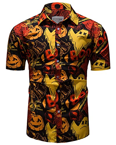 fohemr Herren Halloween Hemd Kurzarm Slim Fit Freizeithemd Kürbis Geist Muster Lustig Funky Hemden Hawaii Shirt Rot Medium von fohemr