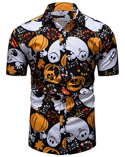 fohemr Herren Halloween Hemd Kurzarm Slim Fit Freizeithemd Kürbis Geist Muster Lustig Funky Hemden Hawaii Shirt Schwarz XX-Large von fohemr