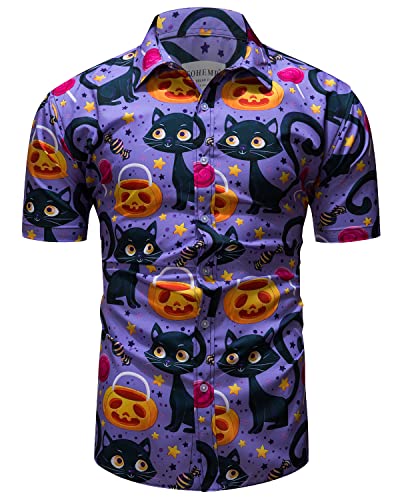 fohemr Herren Halloween Hemd Kurzarm Slim Fit Freizeithemd Kürbislaterne Katze Süßigkeiten Muster Lustig Funky Hemden Hawaii Shirt Lila 3X-Large von fohemr