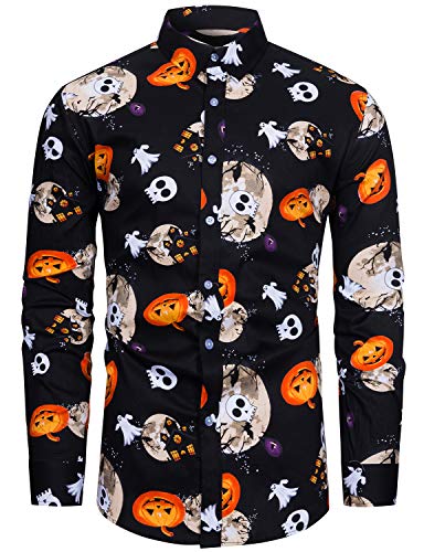 fohemr Herren Halloween Hemd Langärm Slim Fit Freizeithemd Fledermaus Kürbis Geist Muster Lustig Funky Hemden Schwarz 3X-Large von fohemr