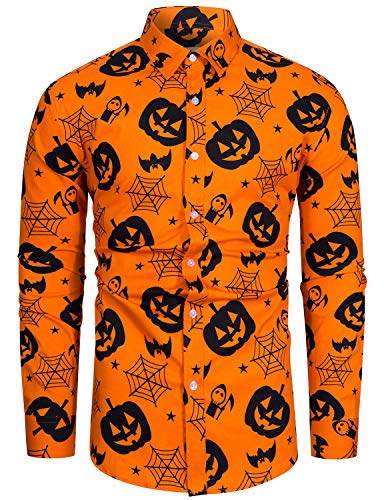 fohemr Herren Halloween Hemd Langärm Slim Fit Freizeithemd Kürbis Fledermaus Spinnennetz Muster Lustig Funky Hemden Lila Orange 3X-Large von fohemr