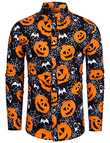 fohemr Herren Halloween Hemd Langärm Slim Fit Freizeithemd Kürbis Fledermaus Spinnennetz Muster Lustig Funky Hemden Lila Schwarz 3X-Large von fohemr